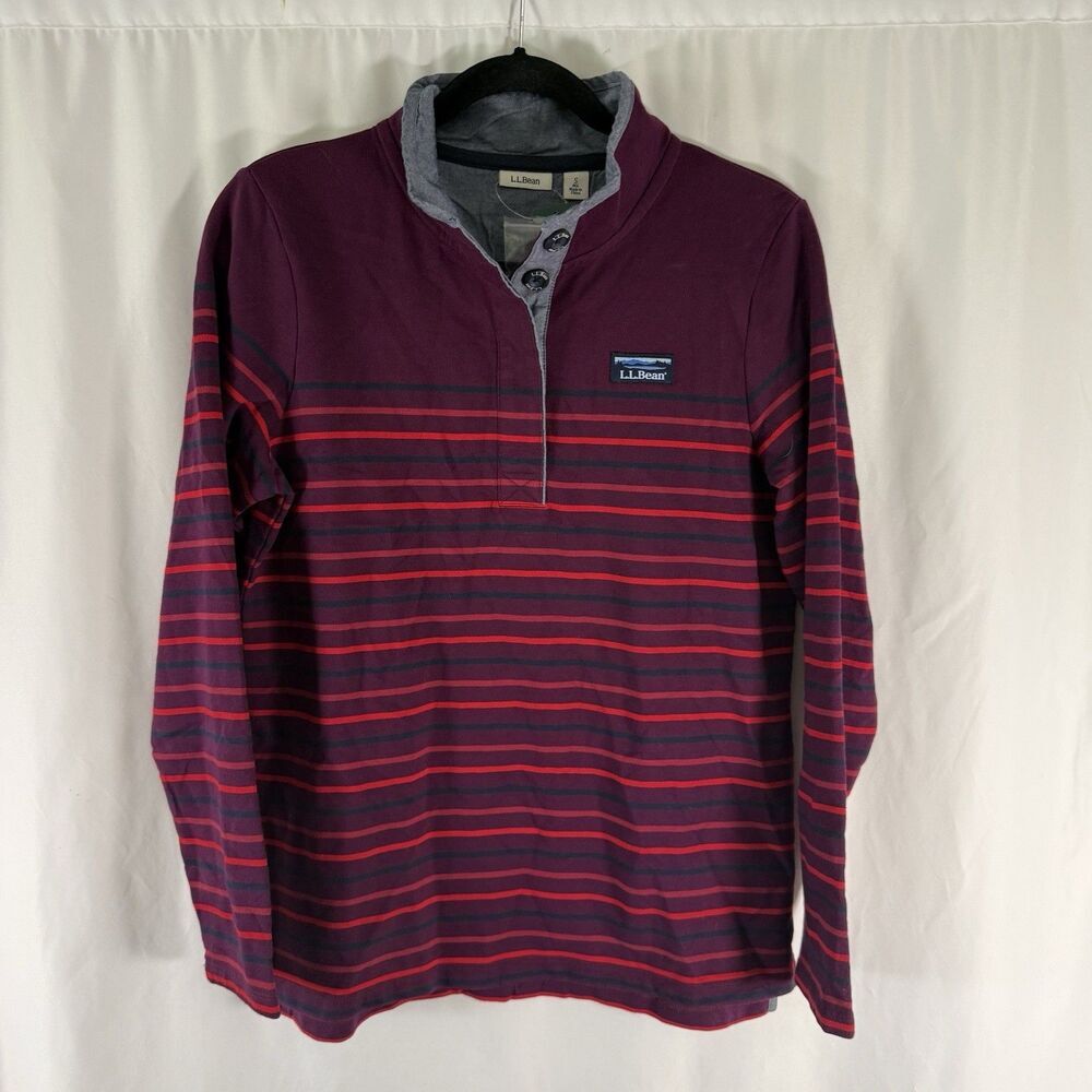 New LL Bean Shirt Women's Small Purple Red Striped Long Sleeve Turtleneck Cotton